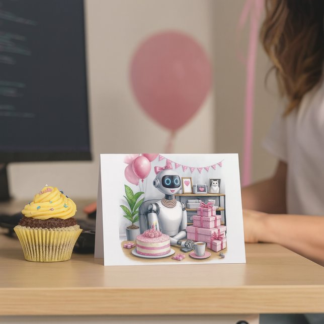 Tekniska tjejers rosa gnistrande robot födelsedags kort ("Robot birthday card for girls who code—fun desk mockup card with cupcake and balloon blur.)