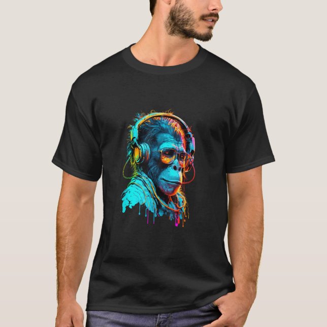 Tekno Disco Rave Monkey DJ Monkey Hörlurar för  T Shirt (Framsida)