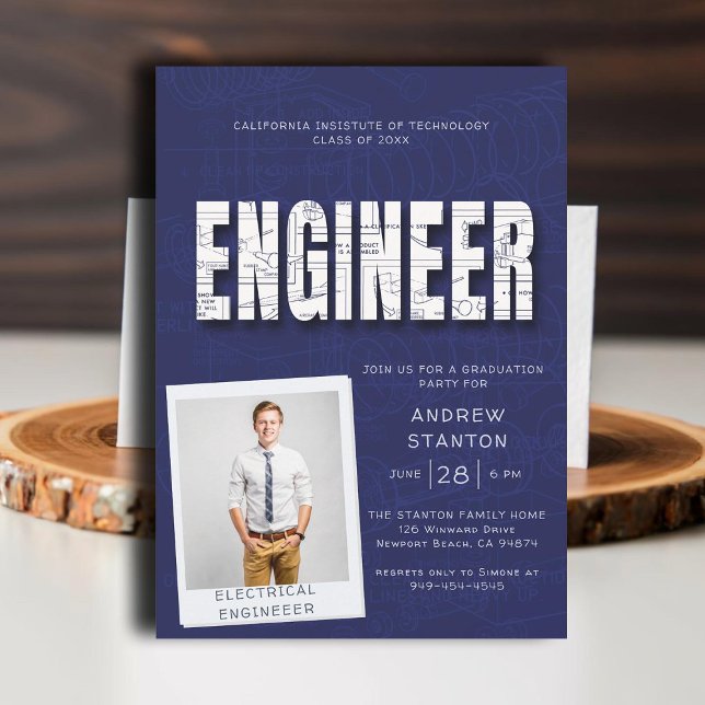 Teknologi för högskoleutbildning i Party Ingenjör Inbjudningar (college grad engineering engineer graduation ceremony party invitation navy blue technical science)