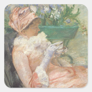 Tekopp av Mary Cassatt, Vintage Impressionism Fyrkantigt Klistermärke