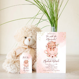Tekopp-barnkalas baby shower rosa teddy i en kopp inbjudningar