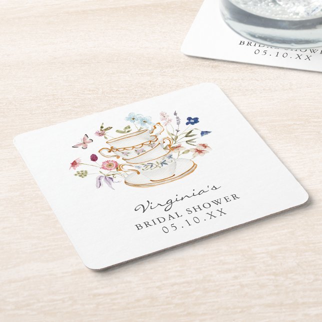 Tekopp Bryllopsdusch Coaster Underlägg Papper Kvadrat (Tea Bridal Shower Coaster by Painted Paperie
)