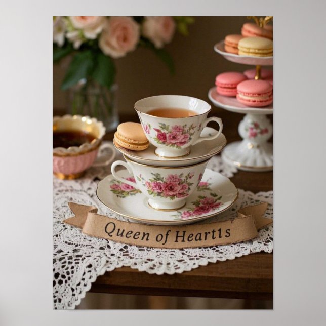 Tekopp, doppade brickor macarons från hjärtan poster (Framsidan)