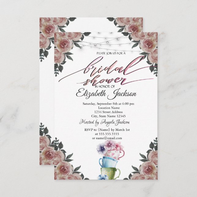 Tekopp Flowers String Ljus Möhippa Inbjudningar (Fram/baksida)