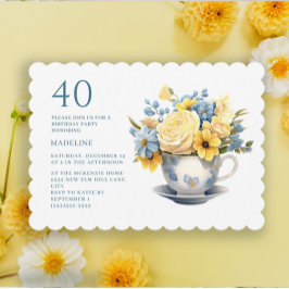 Tekopp Gult Blåa blommor 40:e födelsedagen Inbjudningar