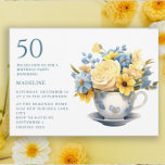 Tekopp Gult Blåa blommor 50:e födelsedagen Inbjudningar<br><div class="desc">50:e födelsedagsfest inbjudan designad med söt lilla tekopp med blått och gula blommor. Inbjudan kan köpas med utskrift eller som en digital inbjudan till med familj och vänner på social-media eller via e-post. Kontakta mig om du behöver hjälp med dina anpassningar eller om du vill be om ytterligare matchning eller...</div>