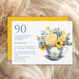 Tekopp Gult Blåa blommor 90:e födelsedag Inbjudningar