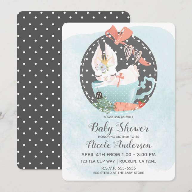 Tekopp kanin vattenfärg baby shower inbjudningar (Fram/baksida)