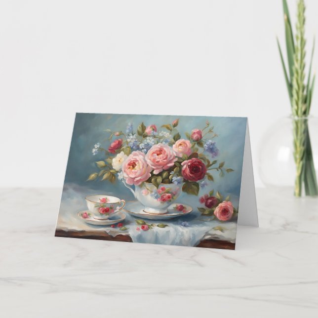 Tekopp med vackra blommor  kort (Framsida)