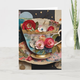 Tekopp och blommor, blandad mediesamling kort