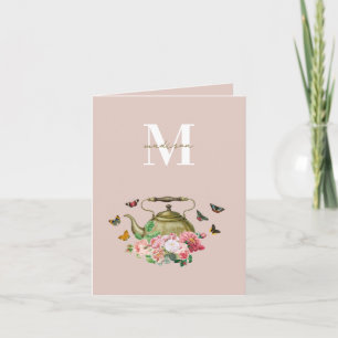 Tekopp Parti Rosa Blommor & Fjärilar Monogram Kort