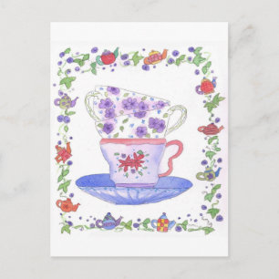 Tekopp Stack Tea Time Watercolor Flowers Vykort