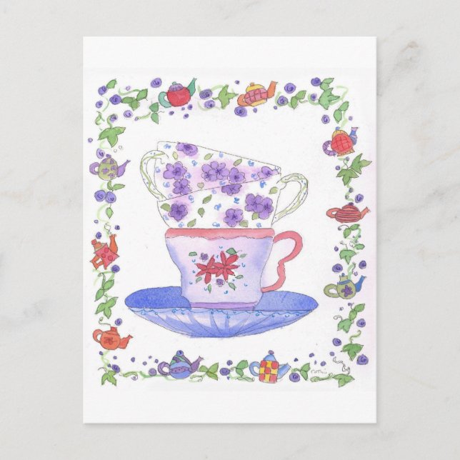 Tekopp Stack Tea Time Watercolor Flowers Vykort (Framsida)