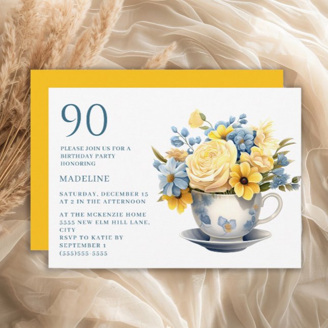 Tekoppar Gula Blå Blommor 90-årsdag  Inbjudningar (Blue teacup and yellow flowers 90th birthday party invitation)