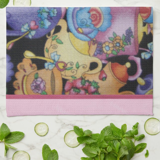 Tekoppar och tekannor kökshandduk (Vikta)