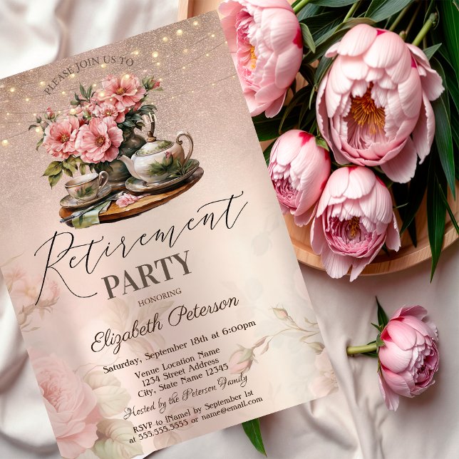 Tekoppsblommor Glitter Rose Guld Pensionärsfest Inbjudningar (Skapare uppladdad)