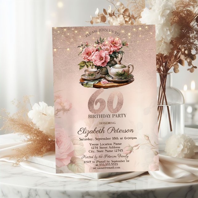 Tekoppsblommor Glitter Roséguld 60-årsdag Inbjudningar (Skapare uppladdad)