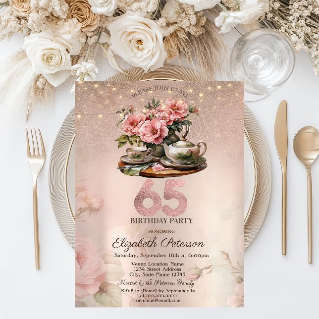 Tekoppsblommor Glitter Roséguld 65-årsdag Inbjudningar (Skapare uppladdad)