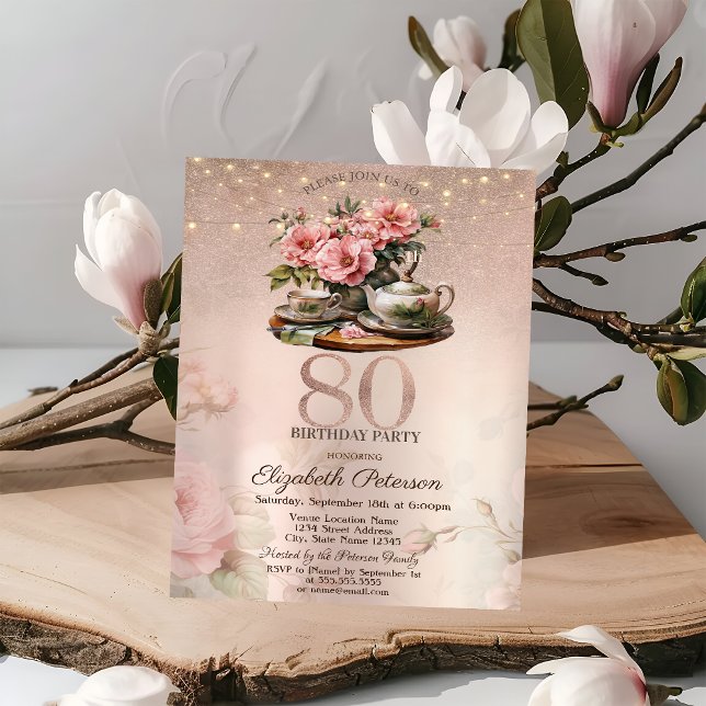 Tekoppsblommor Glitter Roséguld 80-årsdag Inbjudningar (Skapare uppladdad)