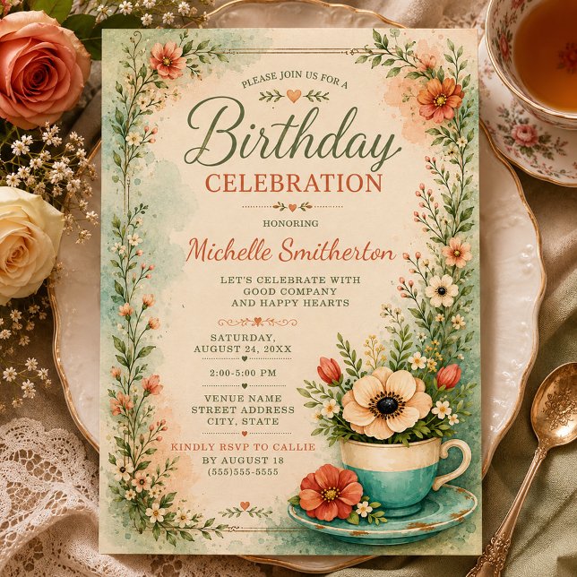 Tekoppsgrön Cottagecore Födelsedagsfirande Inbjudningar (Tea party birthday invitation)