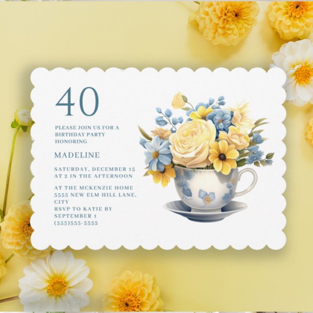 Tekoppsgula Blå Blommor 40-årsdag  Inbjudningar (Yellow and dusty blue watercolor flowers in teacup 40th birthday party invitation)