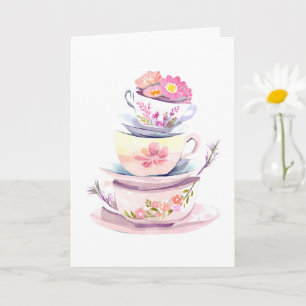 Tekoppsstack i pastell med blommor glad födelsedag kort
