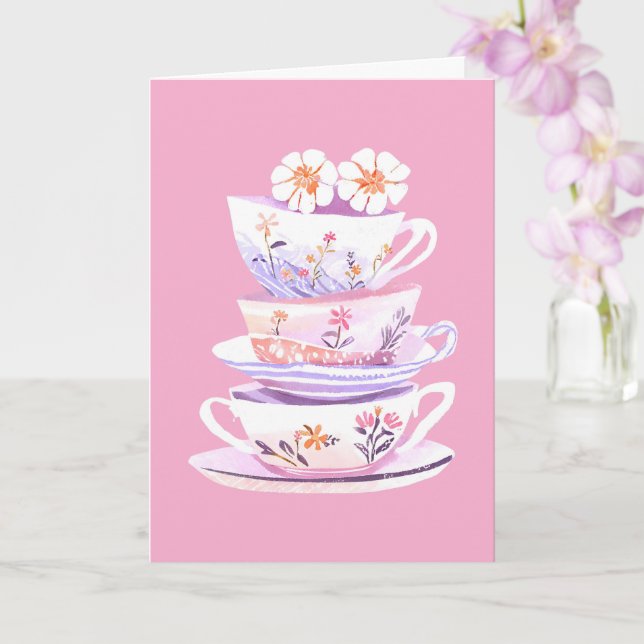 Tekoppsstack i pastellfärger och blommor välsignel kort (Orkide)