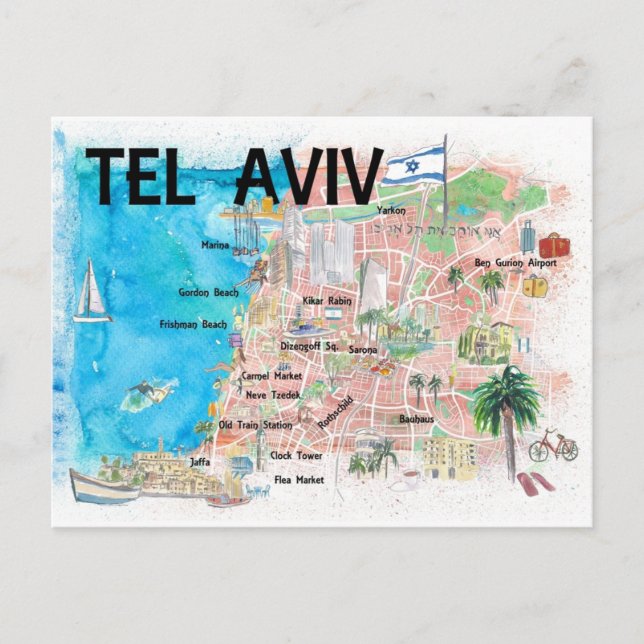 Tel Aviv Israel Illustrated Karta med vägar Vykort (Framsida)