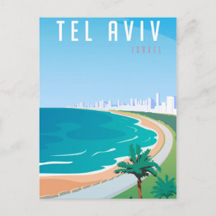 *~* Tel Aviv Israel Vykort Blå Stadssiluett Palm