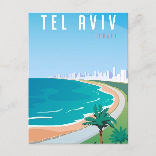 *~* Tel Aviv Israel Vykort Blå Stadssiluett Palm (Framsida)