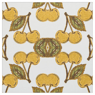 Tela Golden Metallic Cherries Geometric Pattern Tyg