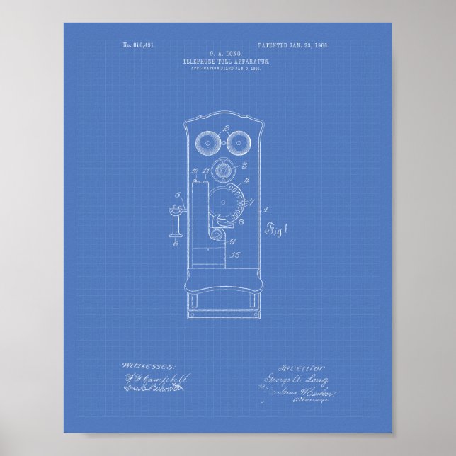 Telefonavgift 1906 Patent Art Blueprint Poster (Framsidan)