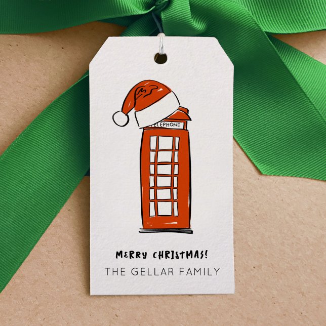 Telefonbox för Red Santa Hat London Presentetikett (Red Santa Hat London Telephone Box Illustrated Gift Tags)