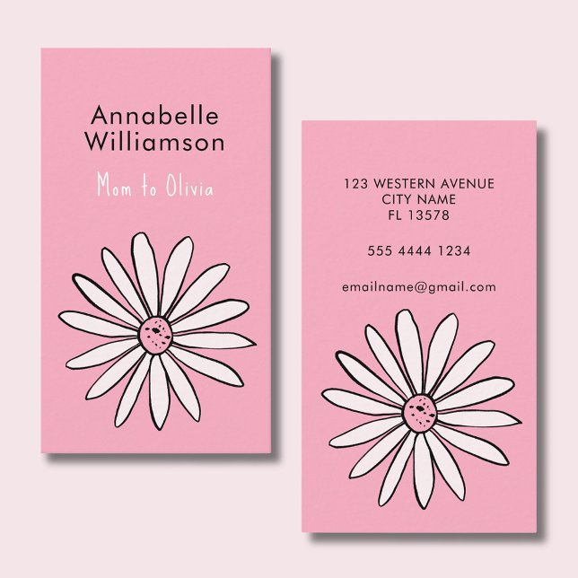 telefonkort för mamma av rosa Daisy Visitkort (Mommy calling card with cute daisy & pink background. Perfect for playdates & parent networking.)