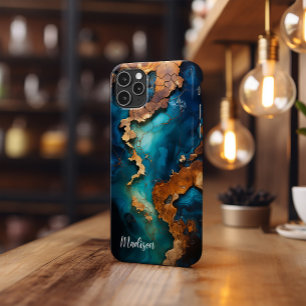 Telefonväska, blå harts, Mörk Burl Wood