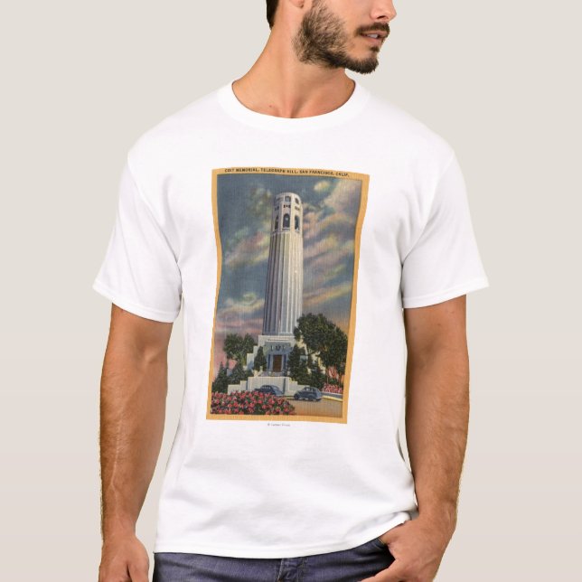 Telegrafera backen beskådar med den Coit T Shirt (Framsida)