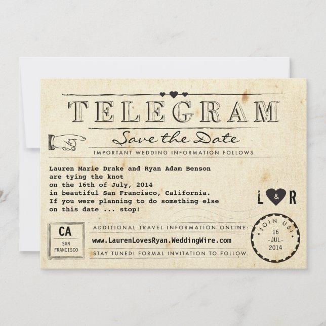 Telegram med Hearts Vintage resor Spara datum Datumet (Framsida)