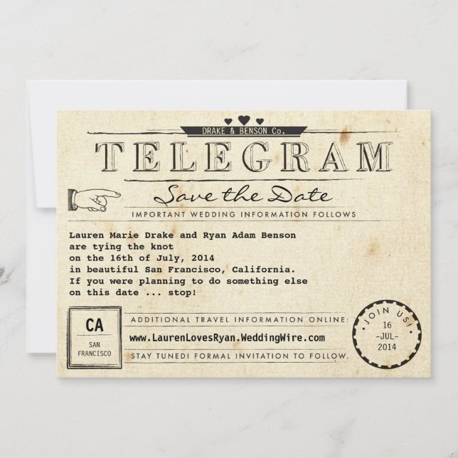 Telegram Vintage resor Hearts Spara datum Datumet (Framsida)