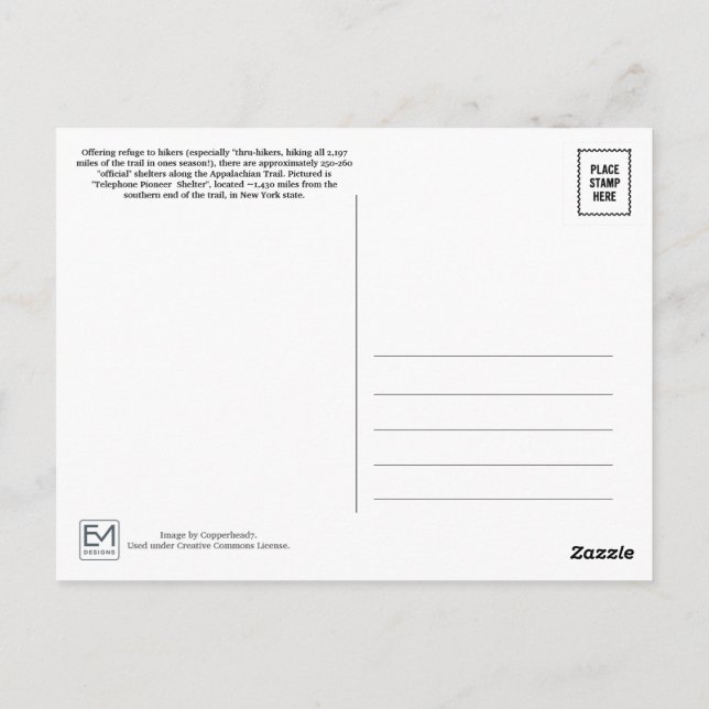 Telephone Pioneers Shelter Appalachian Trail Vykort (Baksida)