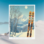 Telluride Colorado ski vacation Postcard Vykort<br><div class="desc">Hello from the snowy mountains of Telluride,  Colorado ,  USA! We hope you're having a wonderful ski vacation. This postcard features a gorgeous blue-grey mountain landscape with retro ski boards in an orange tribal pattern.
All the text phrases can be customized to suit you!</div>