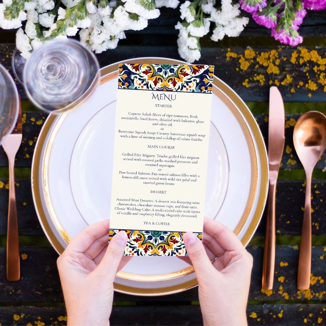 Tema: Azulejo blue Porttuguese tiles Mediterranean Meny (Azulejo blue Portuguese Talavera tiles Mediterranean Morocco Turkish wedding theme Menu template)