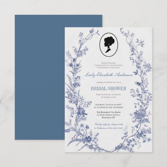 Tema del puente floral azul, regencia del té nupci inbjudningar (Fram/baksida)