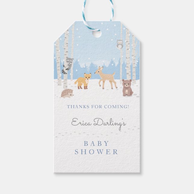 Tema för babyduschning i skogland | Vinterskog Presentetikett (Framsidan)