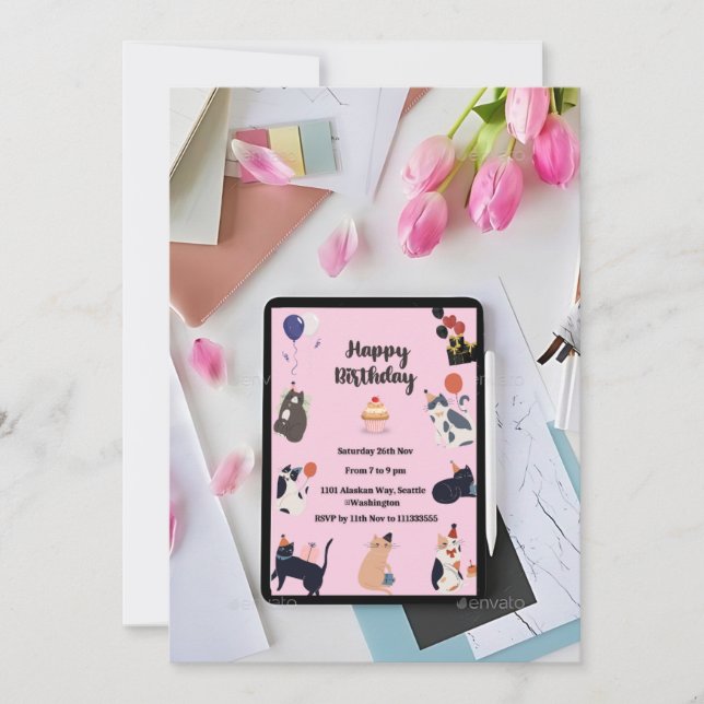 Tema för Cute Kattunge - födelsedagsinbjudan Inbjudningar (Framsida)