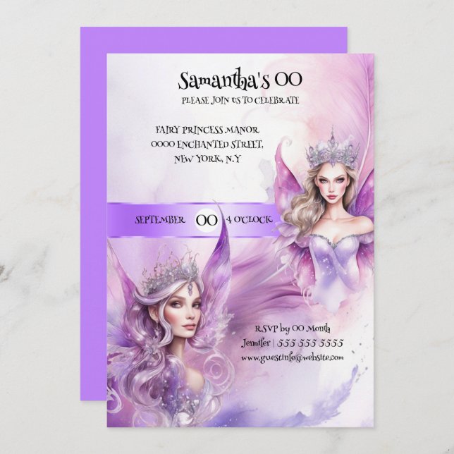 Tema för Fairy princess mythime lila farytale Inbjudningar (Fram/baksida)