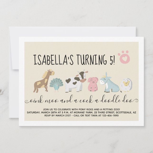 Tema för Flickor: Petting Zoo/Farm Barnyard Animal Inbjudningar (Framsida)