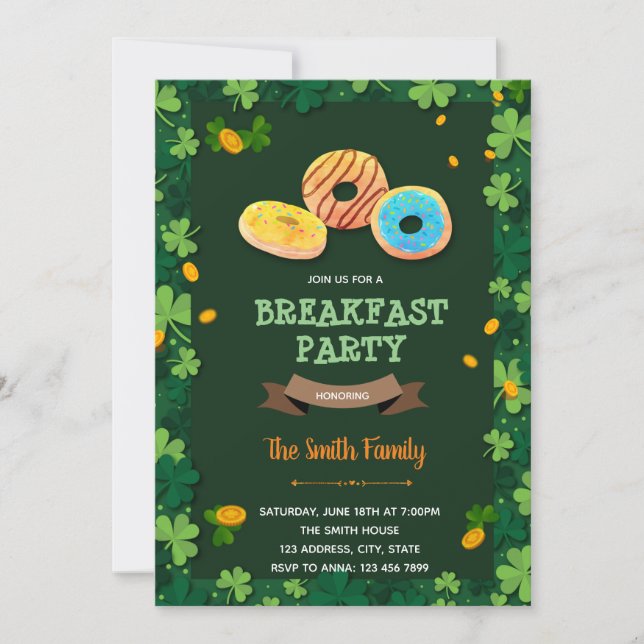 Tema för frukost för St Patrick donut Inbjudningar (Framsida)