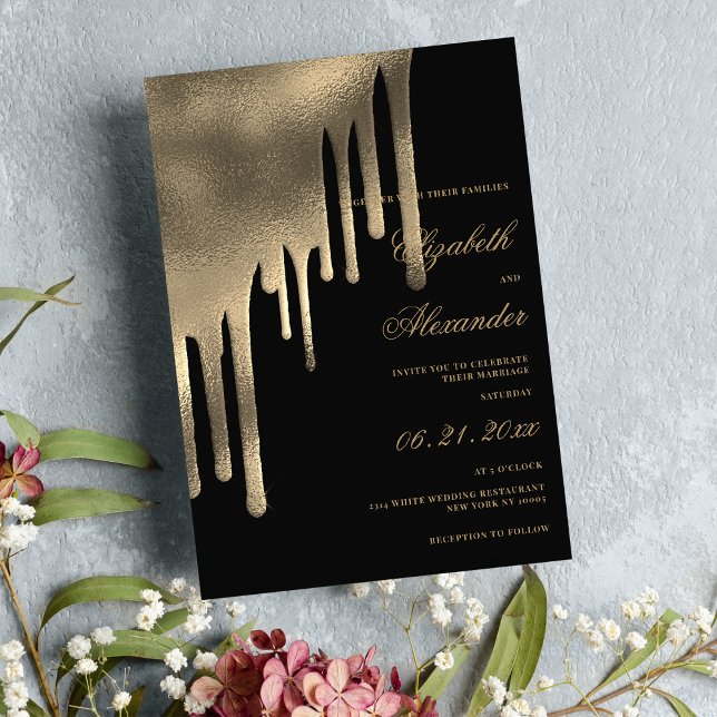 Tema för klasssvartfärgade guld-gradientdroppar br inbjudningar (Classy black gold gradient drips wedding theme invitation )