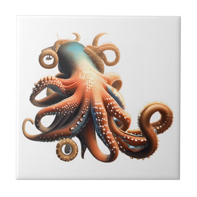 Tema för Octopus blue orange 3D nautisk strand Kakelplatta (Framsidan)