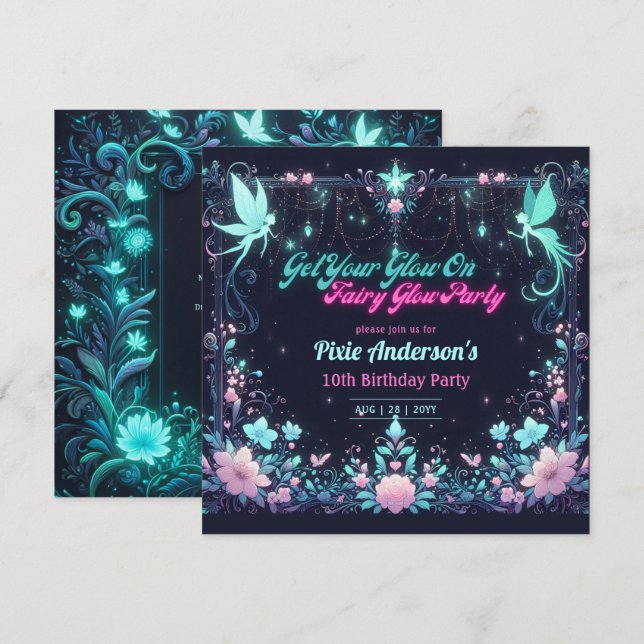 Tema för Party-blommor - Fairytale efter Mörk Inbjudningar (Fram/baksida)
